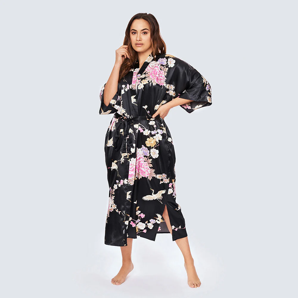 Chrysanthemum & Crane Long Kimono Robe (Plus Size)