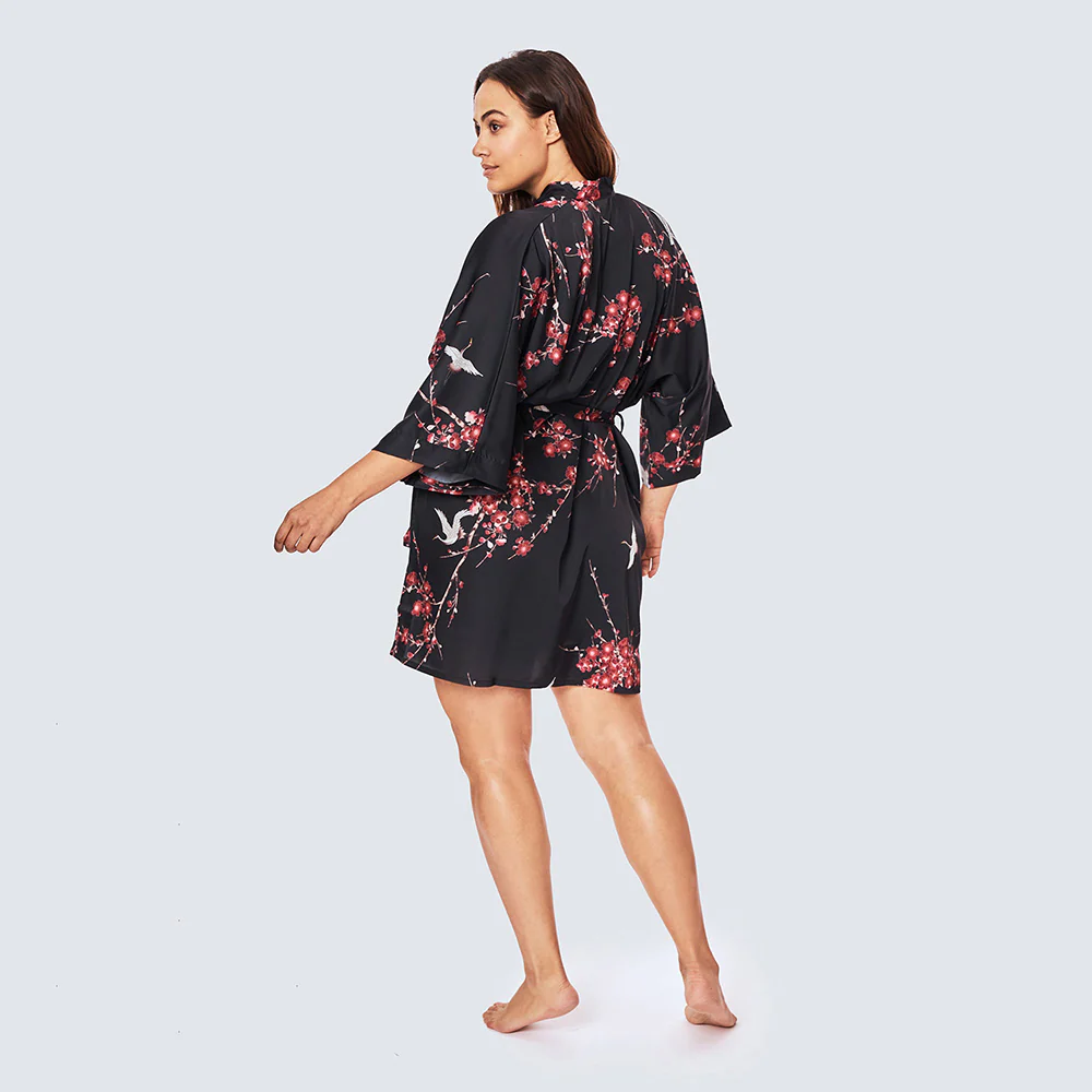 Cherry Blossom & Crane Short Kimono Robe (Plus Size) 3 Cherry Blossom & Crane Short Kimono Robe (Plus Size)