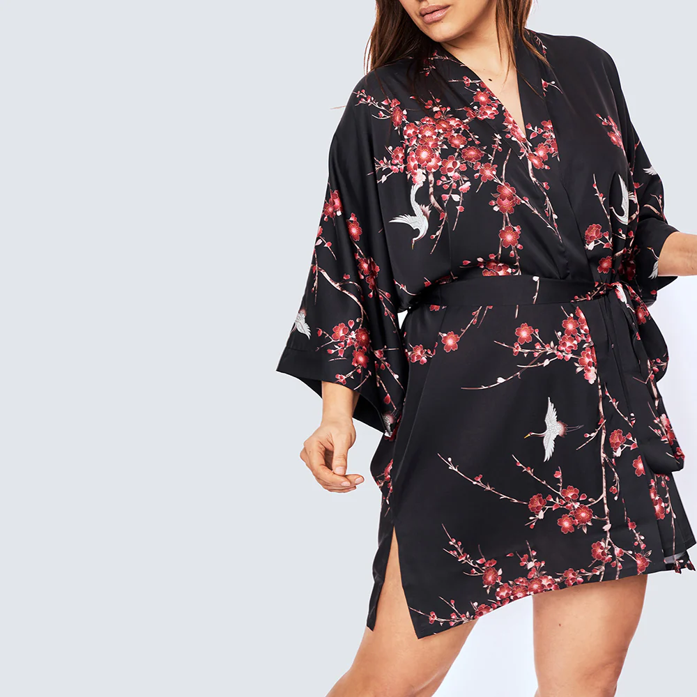 Cherry Blossom & Crane Short Kimono Robe (Plus Size) 4 Cherry Blossom & Crane Short Kimono Robe (Plus Size)