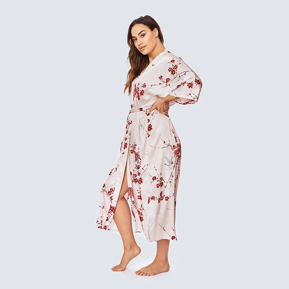 Cherry Blossom & Crane Long Kimono Robe (Plus Size)