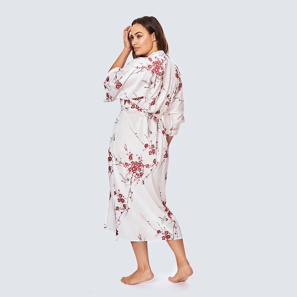 Cherry Blossom & Crane Long Kimono Robe (Plus Size) - KIM+ONO