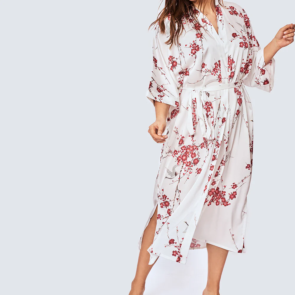 Cherry Blossom & Crane Long Kimono Robe (Plus Size) - KIM+ONO