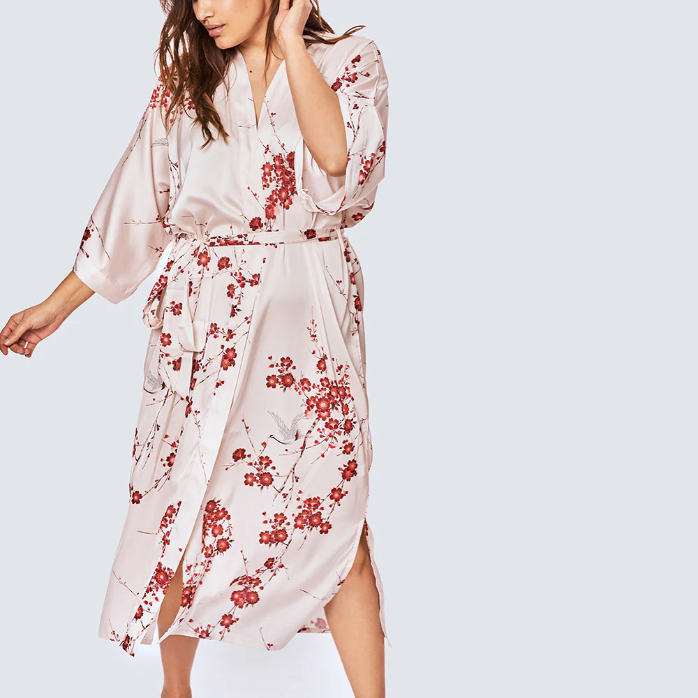 Cherry Blossom & Crane Long Kimono Robe (Plus Size) - KIM+ONO