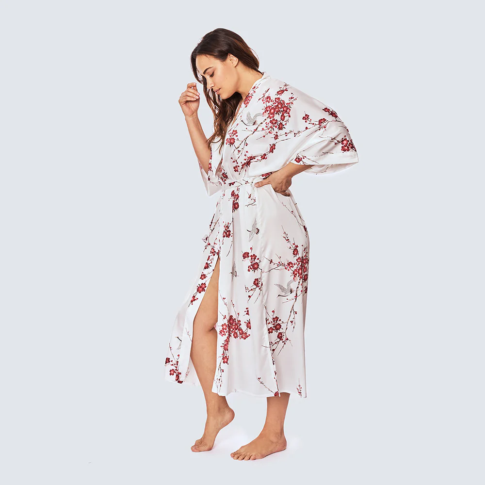Cherry Blossom & Crane Long Kimono Robe (Plus Size) - KIM+ONO