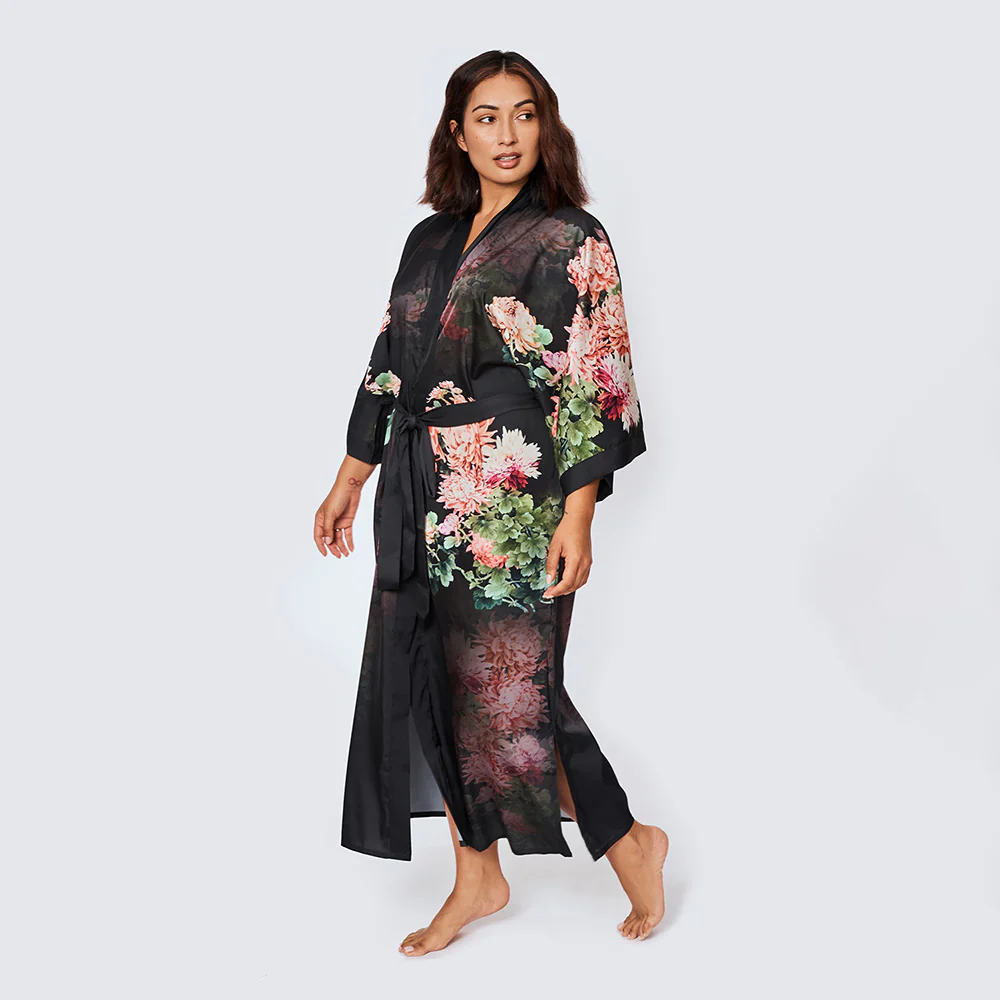 Coral Chrysanthemum Long Kimono Robe (Plus Size) 3 Coral Chrysanthemum Long Kimono Robe (Plus Size)