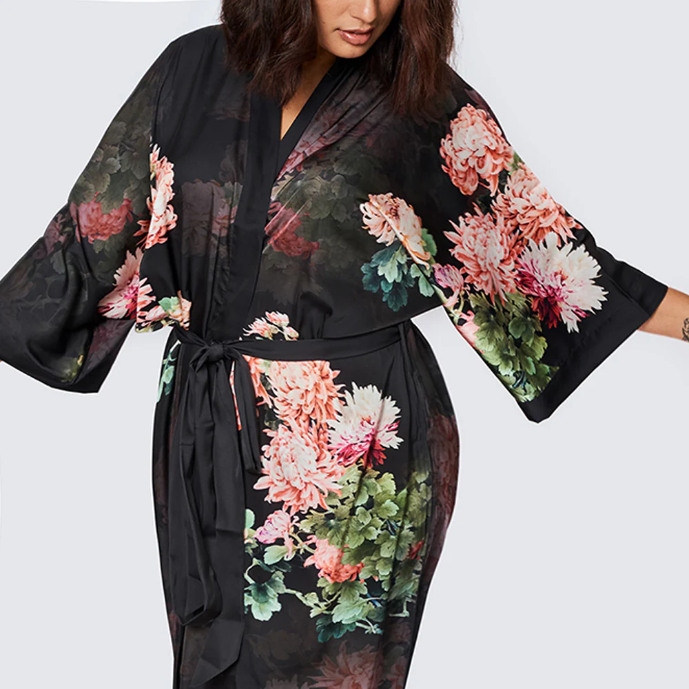 Coral Chrysanthemum Long Kimono Robe (Plus Size) 5 Coral Chrysanthemum Long Kimono Robe (Plus Size)