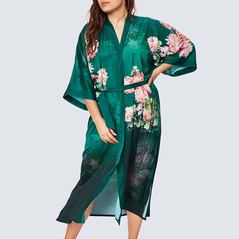 Coral Chrysanthemum Long Kimono Robe (Plus Size) 9 Coral Chrysanthemum Long Kimono Robe (Plus Size)