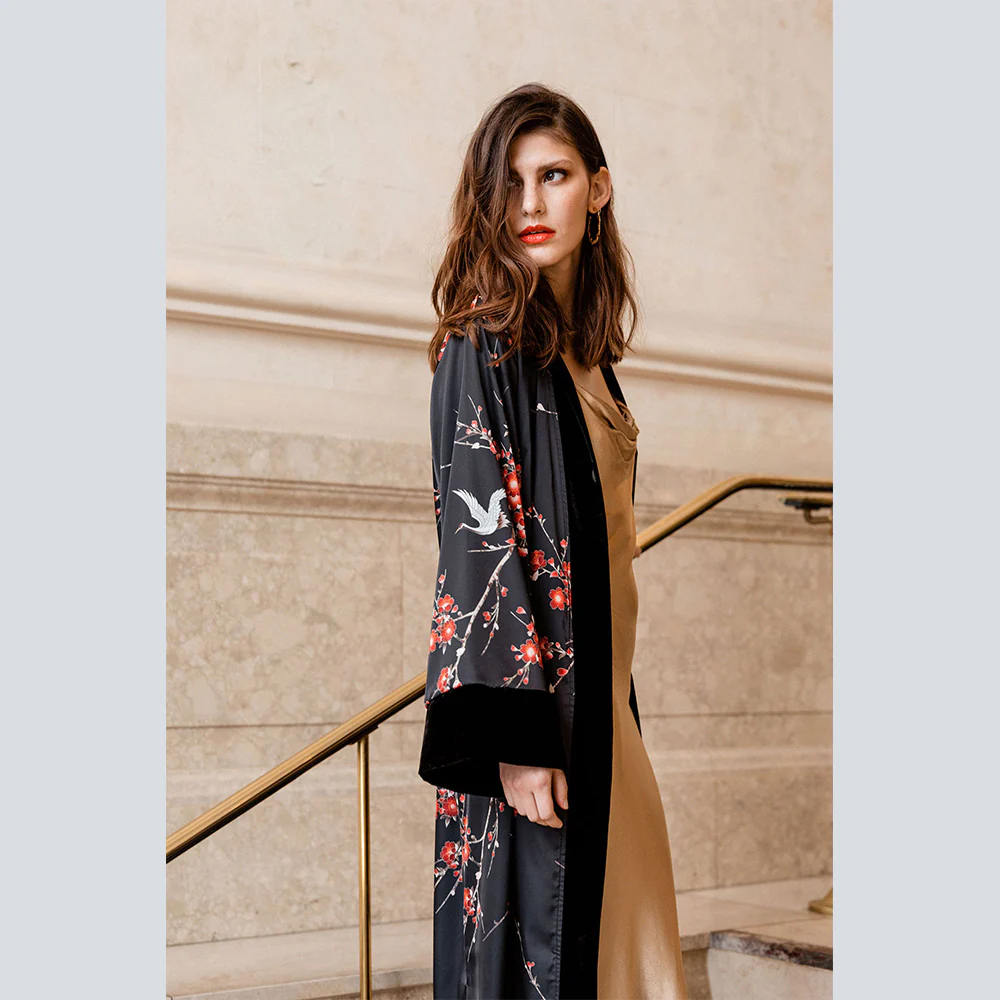 Cherry Blossom & Crane Long Kimono Wrap