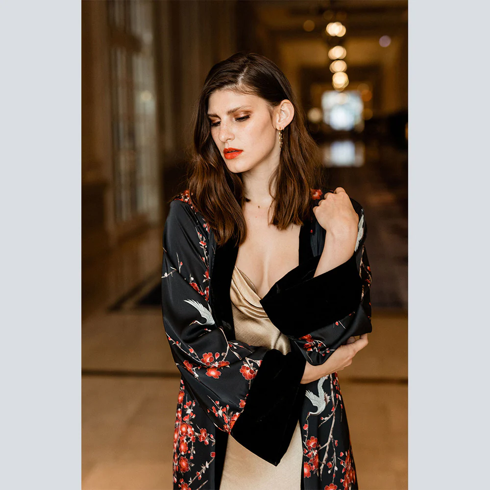 Cherry Blossom & Crane Long Kimono Wrap