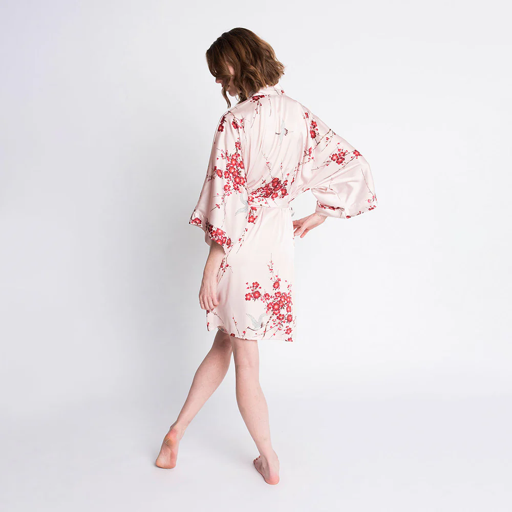 Cherry Blossom & Crane Short Kimono Robe