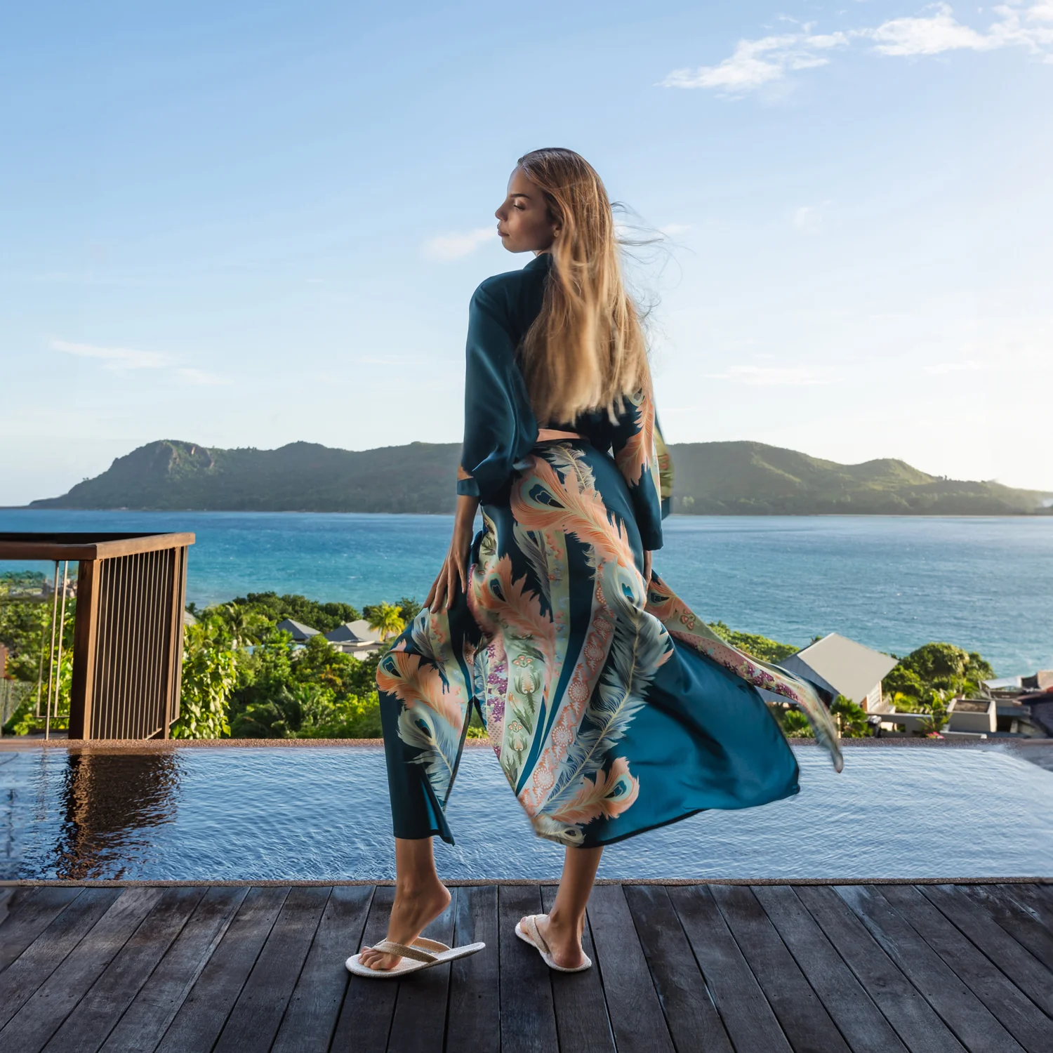 Peacock Feather Long Kimono Robe