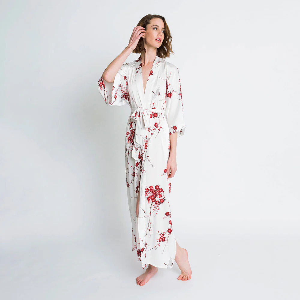 Cherry Blossom & Crane Long Kimono Robe