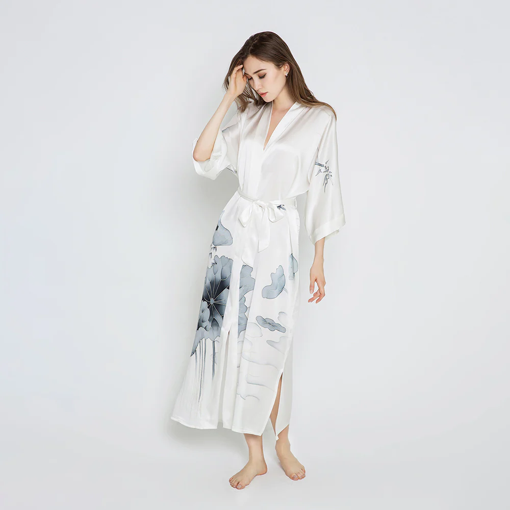 Silk Handpainted Lotus Long Kimono Robe