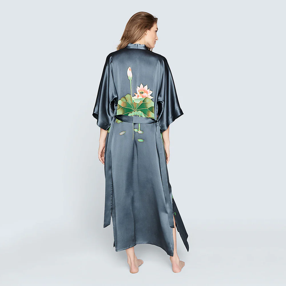 Silk Handpainted Crane Long Kimono Robe