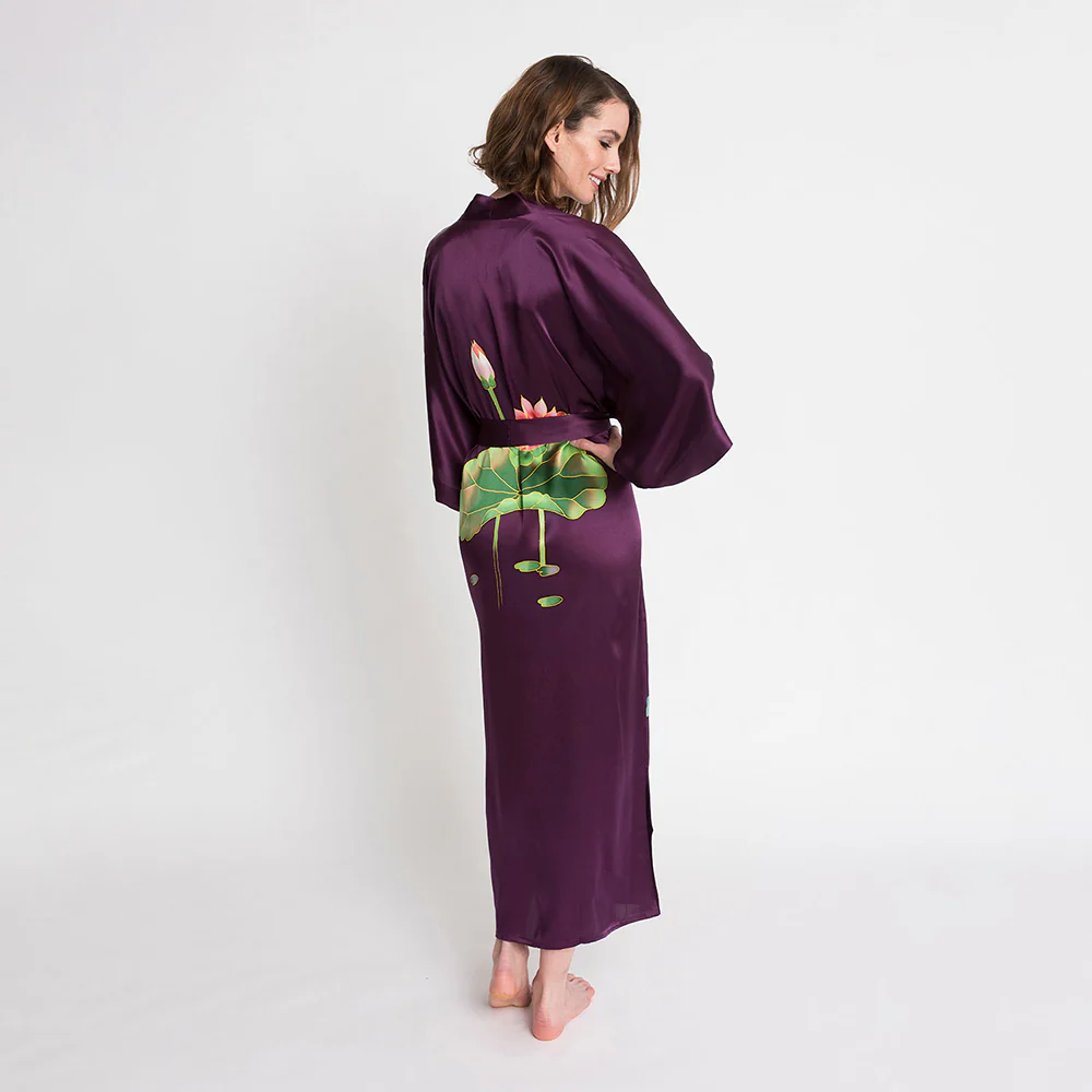 Silk Handpainted Crane Long Kimono Robe