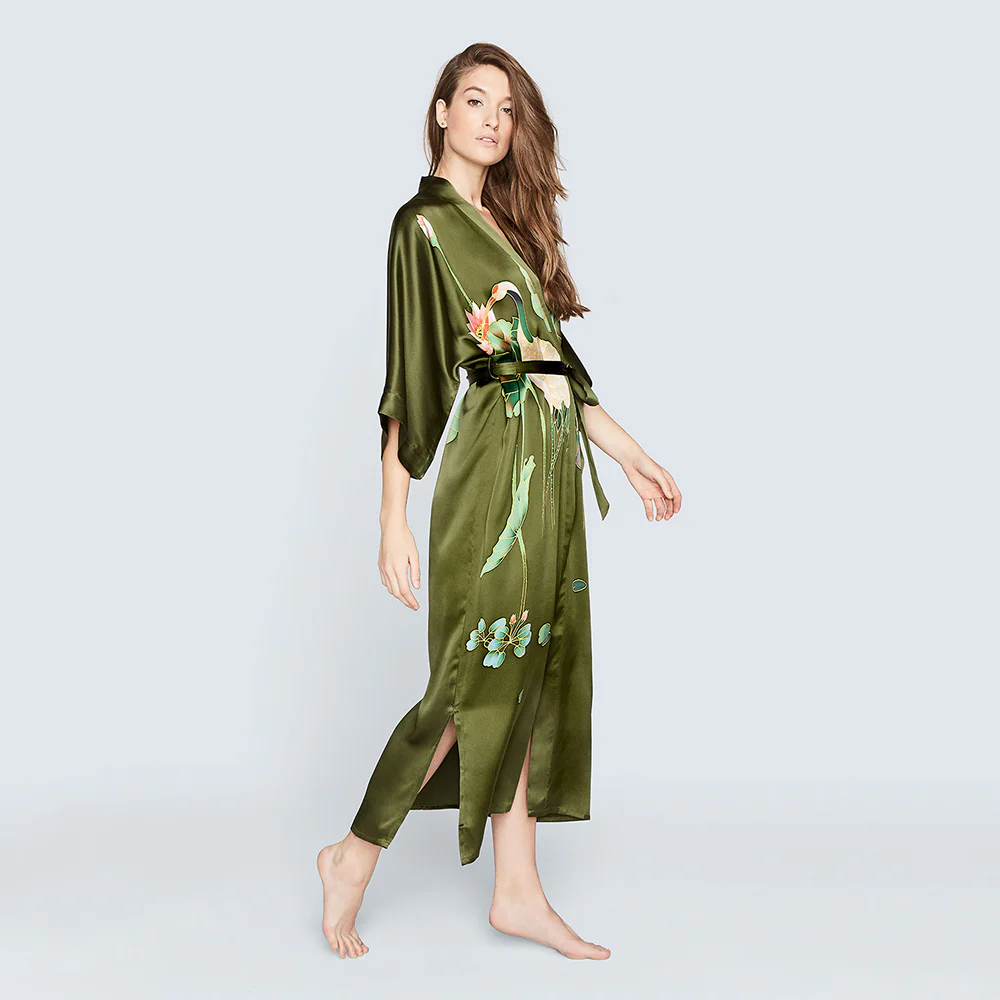Silk Handpainted Crane Long Kimono Robe