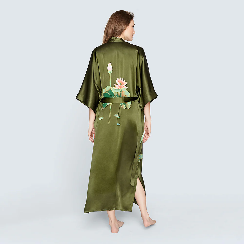 Silk Handpainted Crane Long Kimono Robe