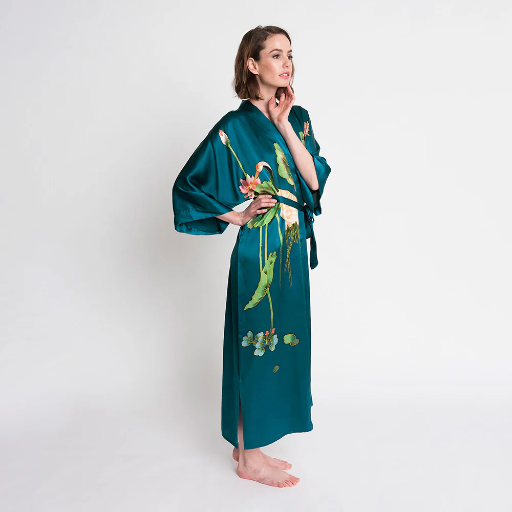 Silk Handpainted Crane Long Kimono Robe