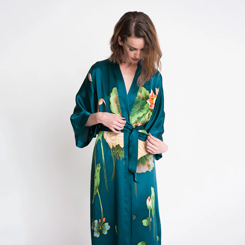 Silk Handpainted Crane Long Kimono Robe