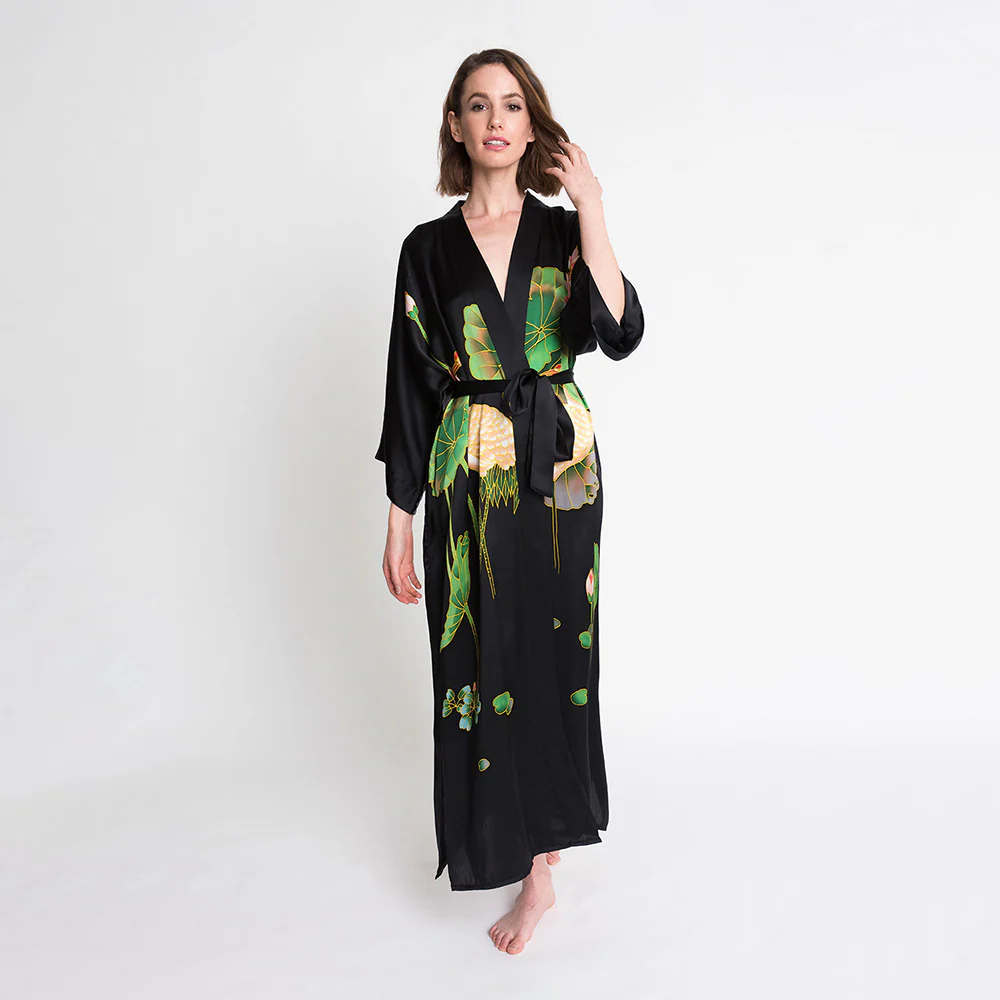Silk Handpainted Crane Long Kimono Robe