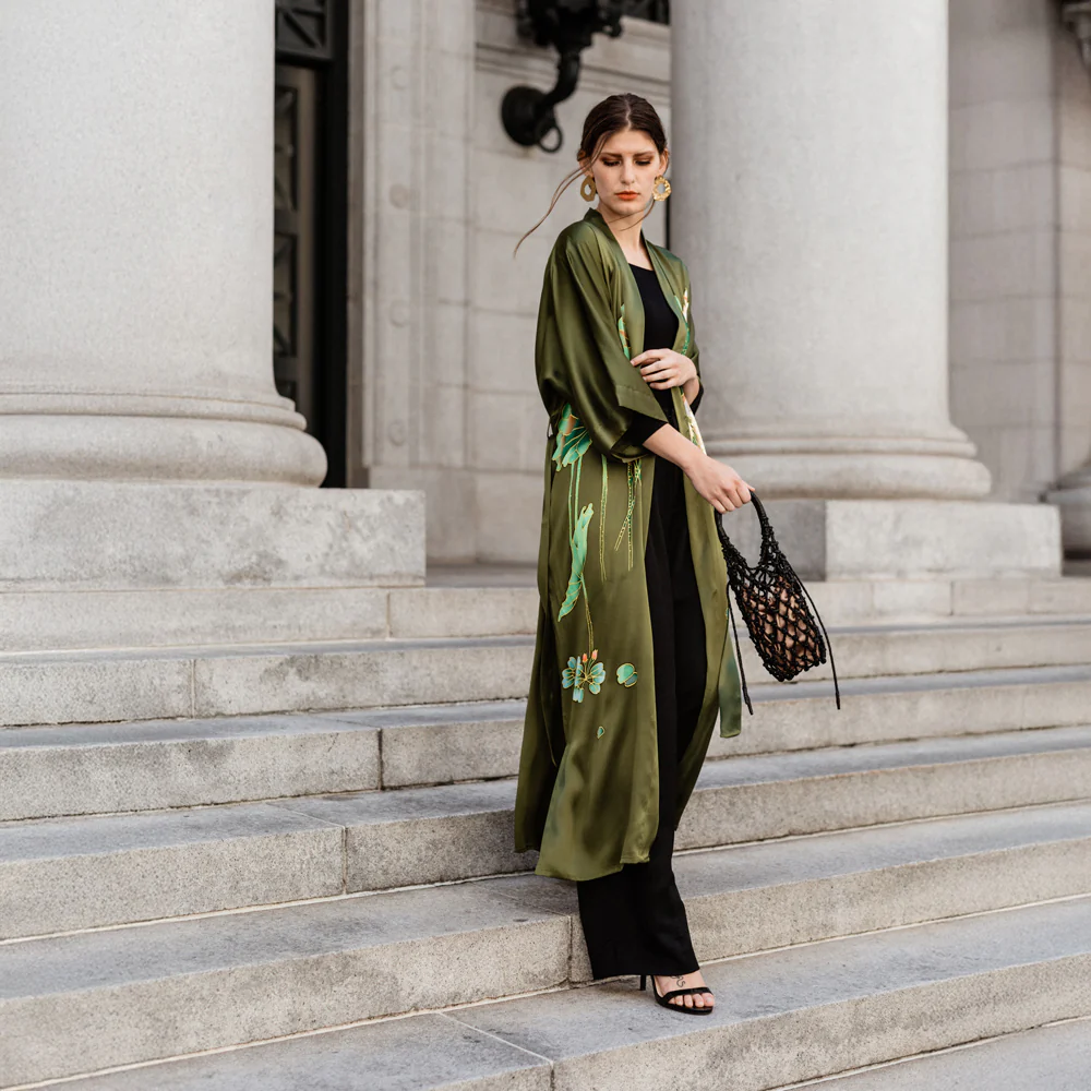 Silk Handpainted Crane Long Kimono Robe