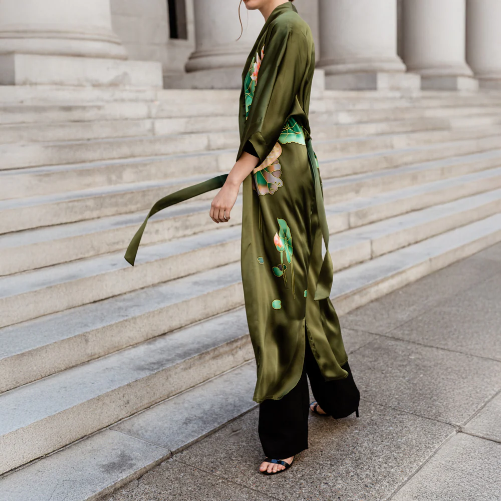 Silk Handpainted Crane Long Kimono Robe