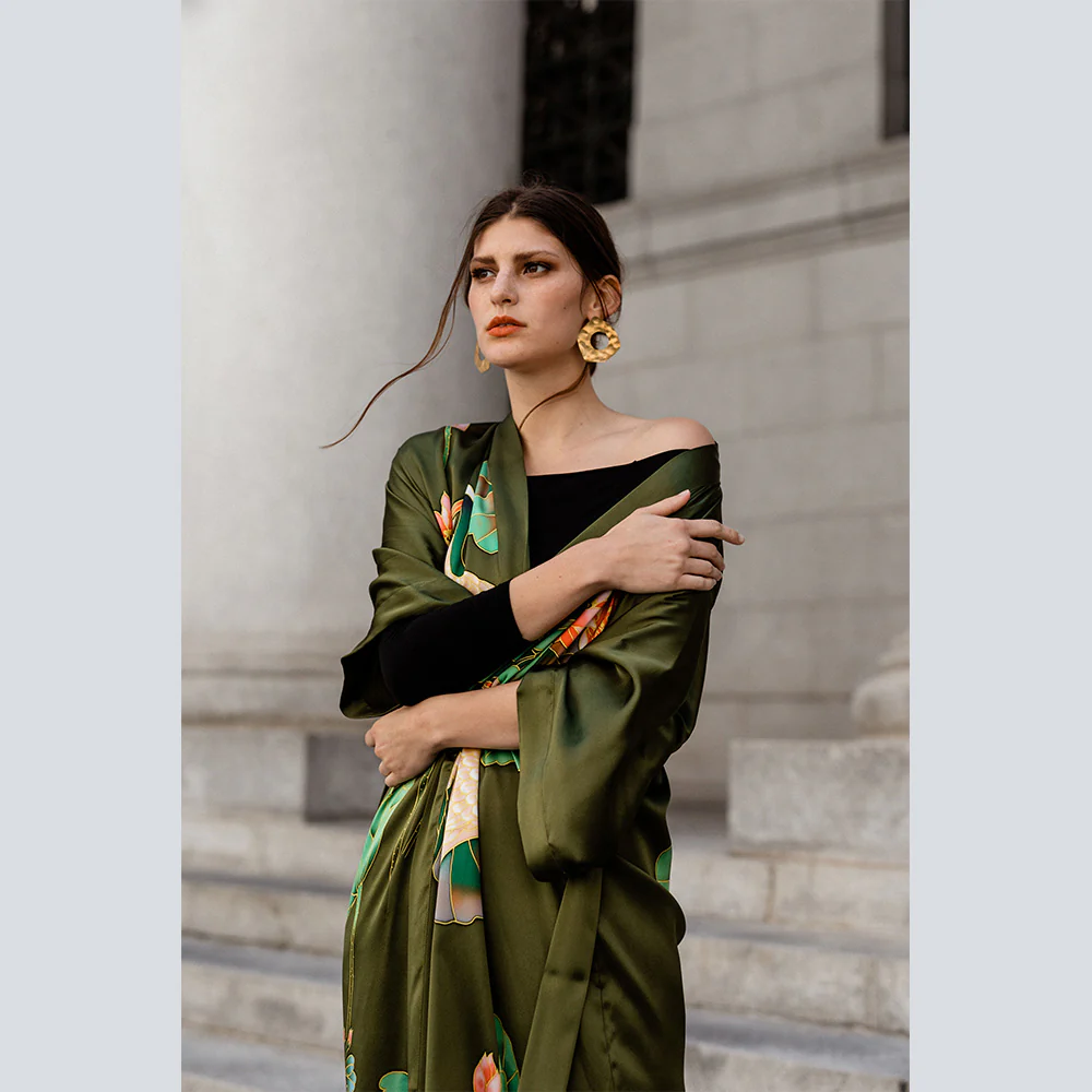 Silk Handpainted Crane Long Kimono Robe