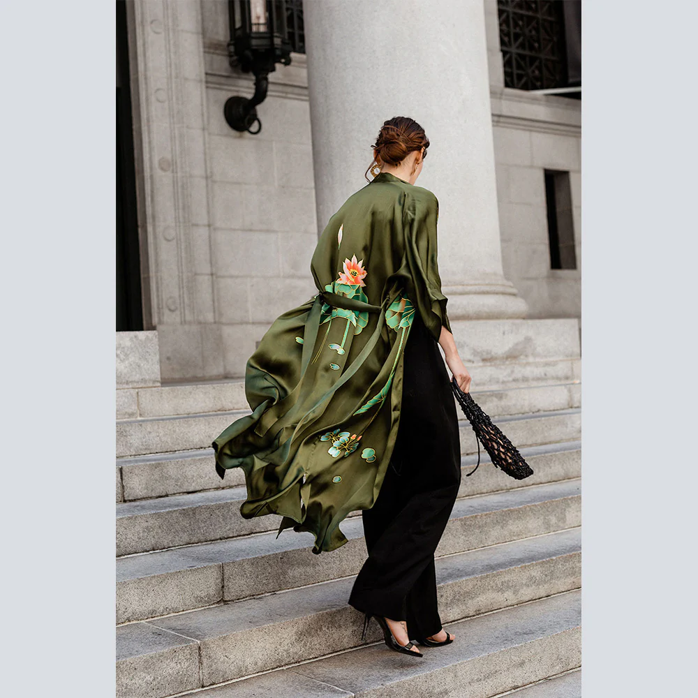 Silk Handpainted Crane Long Kimono Robe