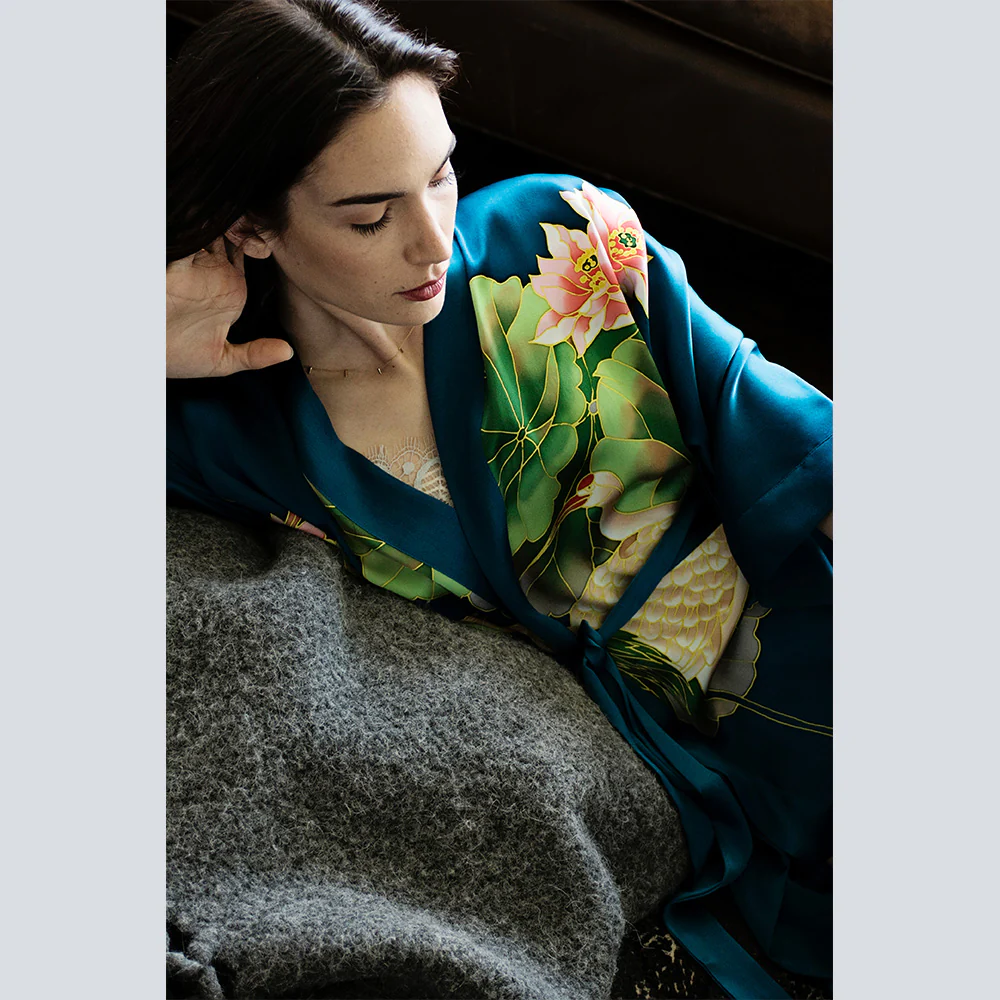 Silk Handpainted Crane Long Kimono Robe