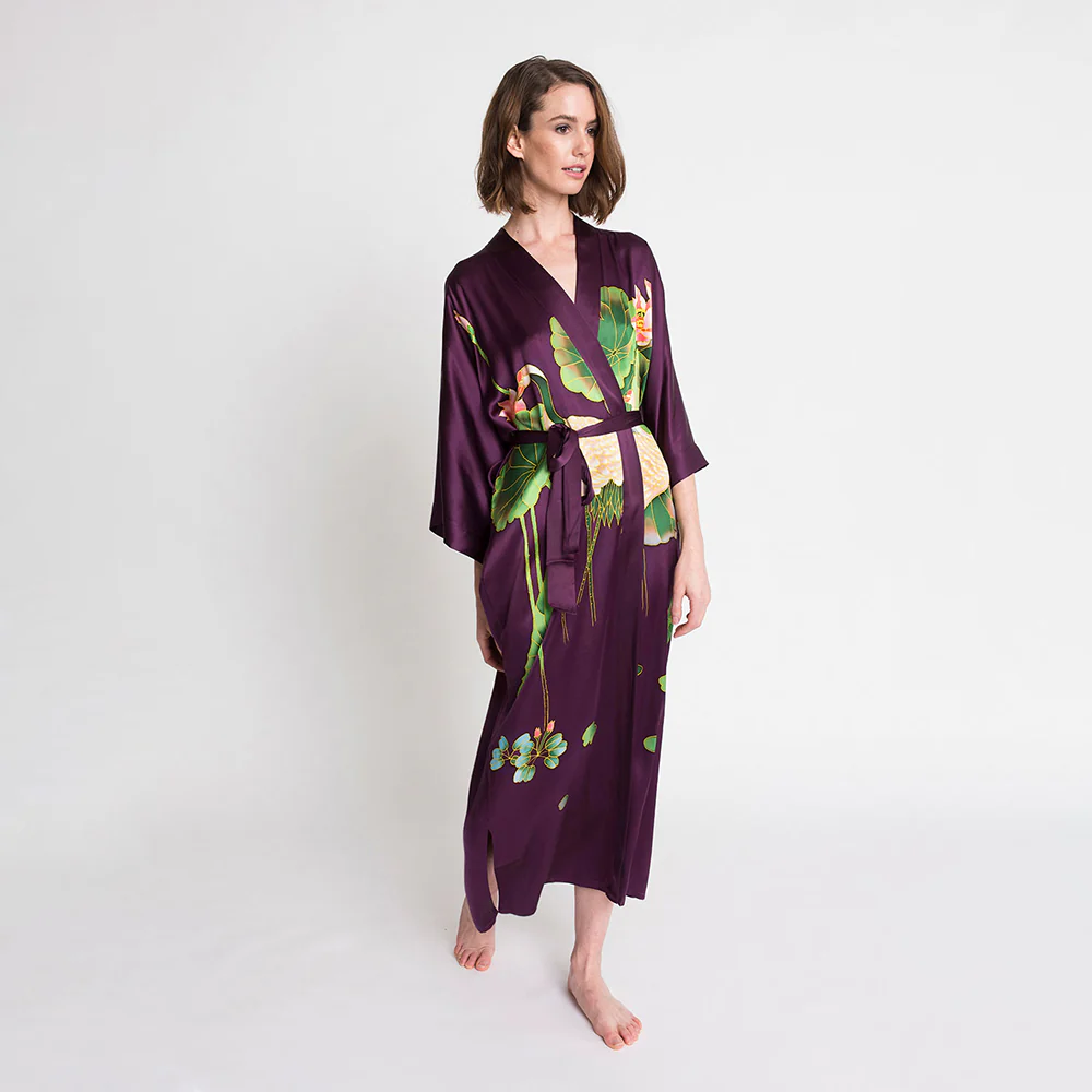 Silk Handpainted Crane Long Kimono Robe