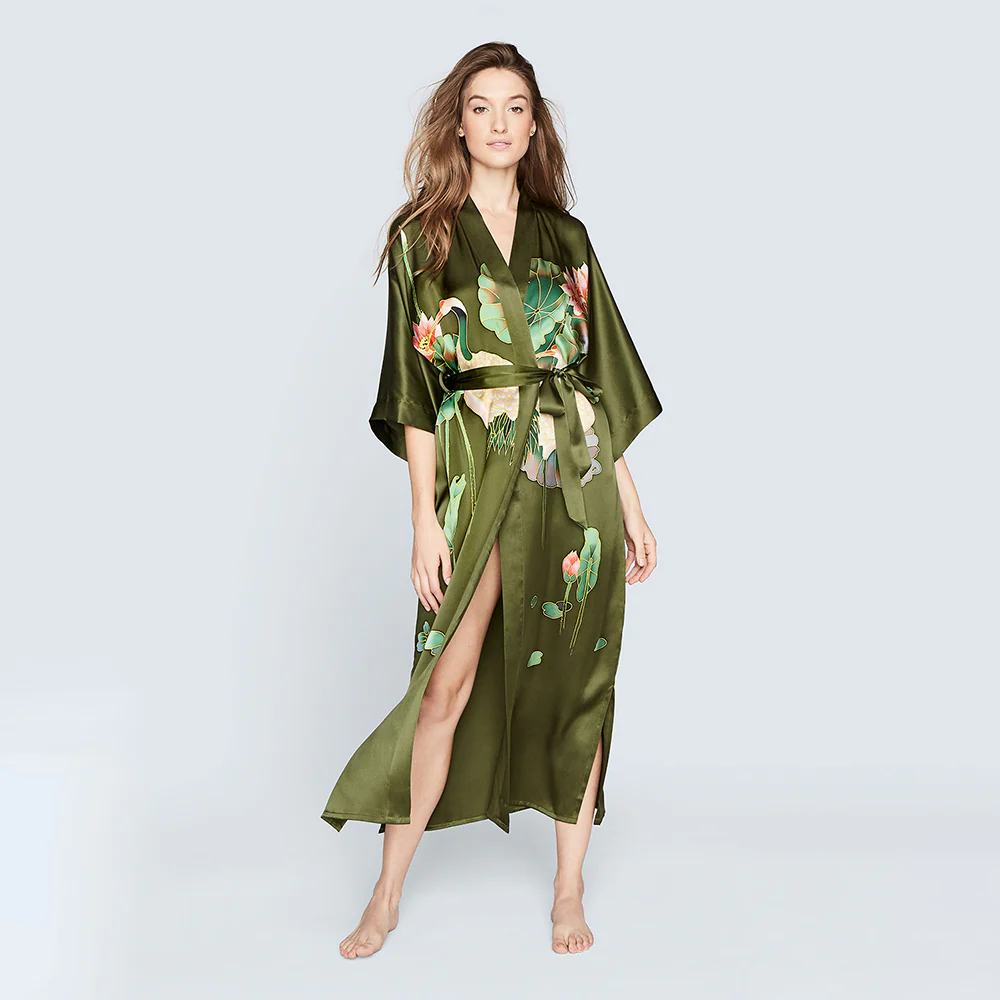 Silk Handpainted Crane Long Kimono Robe