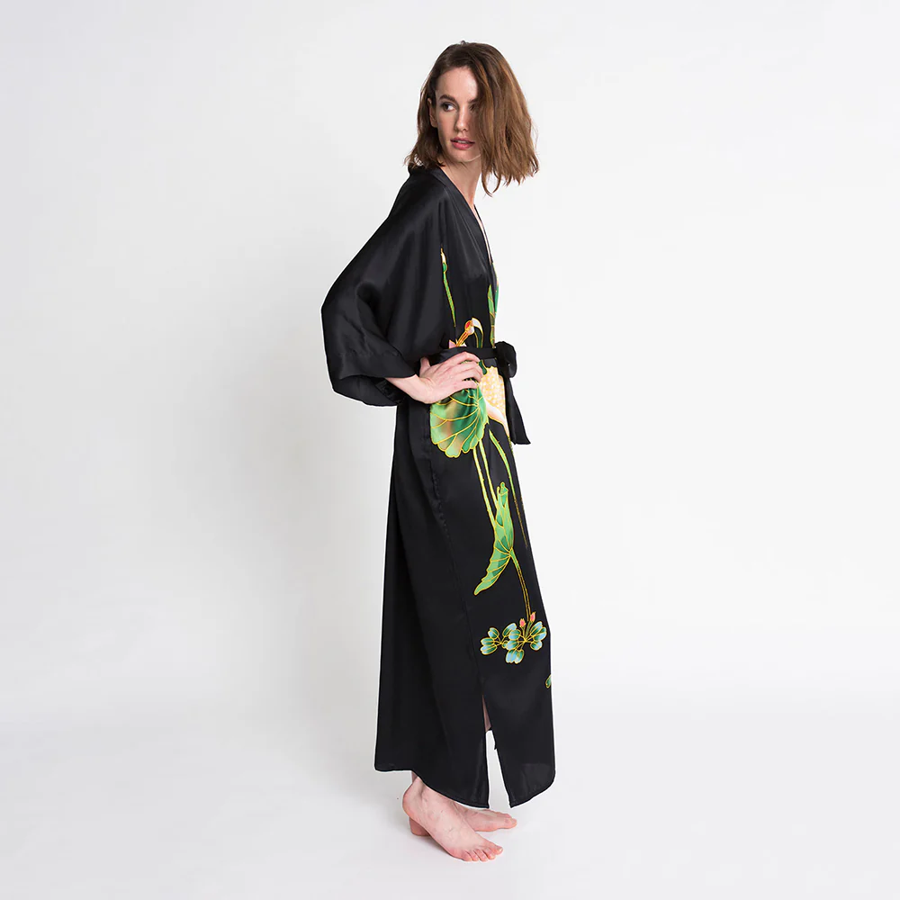 Silk Handpainted Crane Long Kimono Robe