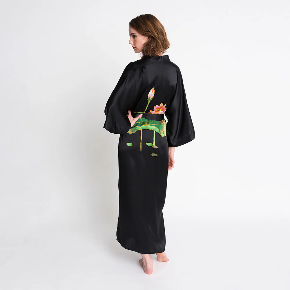 Silk Handpainted Crane Long Kimono Robe