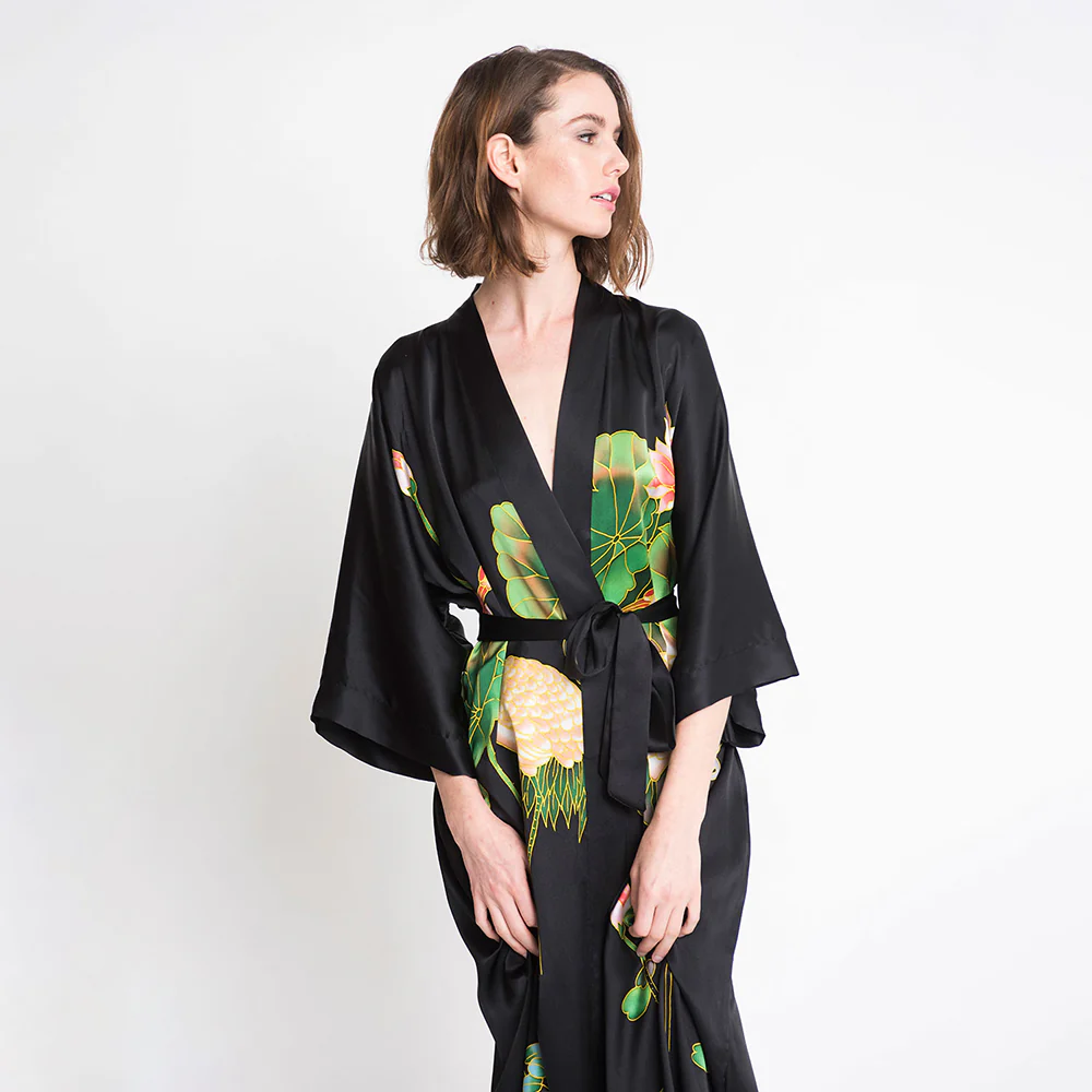 Silk Handpainted Crane Long Kimono Robe