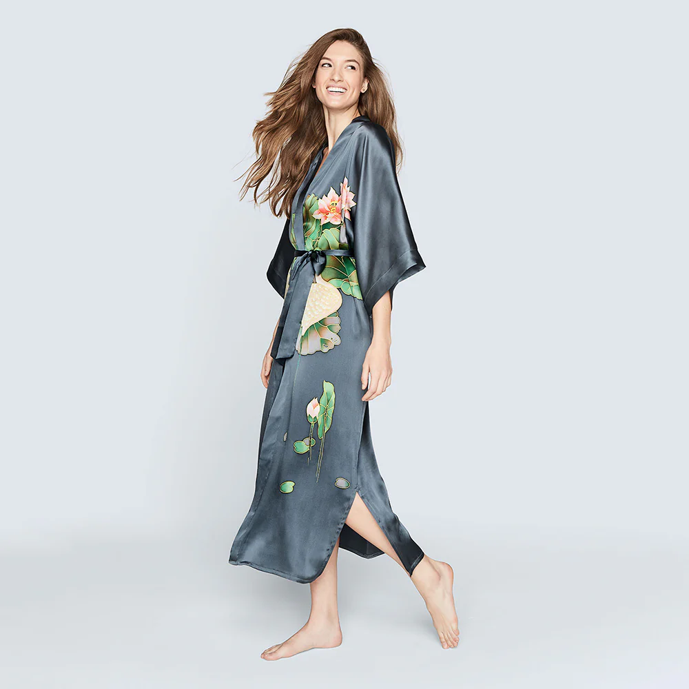 Silk Handpainted Crane Long Kimono Robe