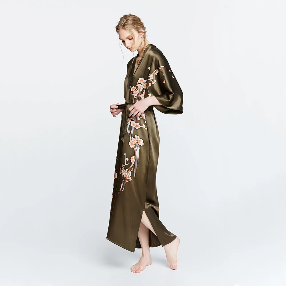Silk Handpainted Cherry Blossom Long Kimono Robe