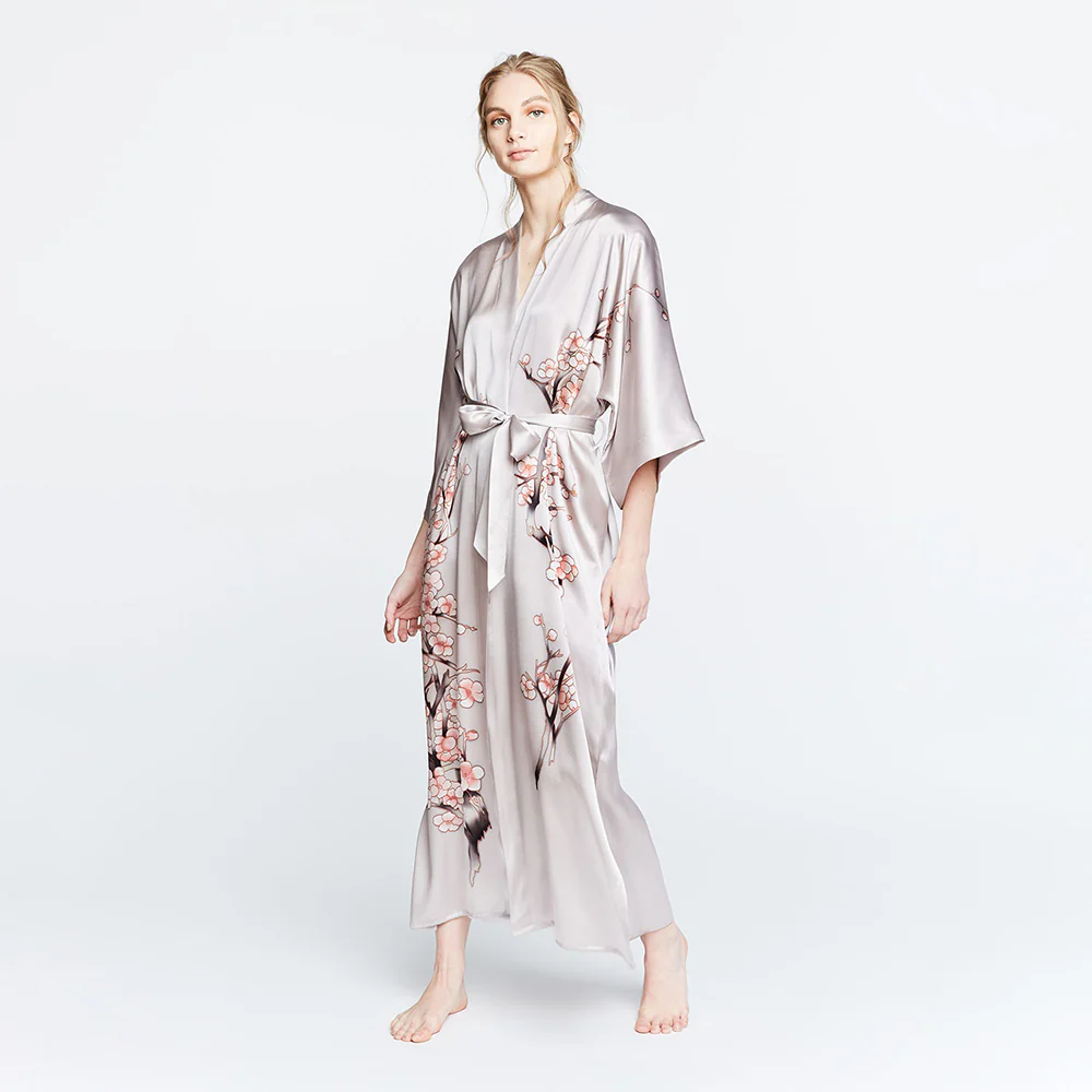 Silk Handpainted Cherry Blossom Long Kimono Robe