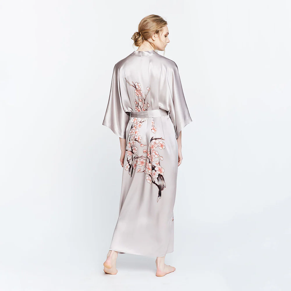 Silk Handpainted Cherry Blossom Long Kimono Robe