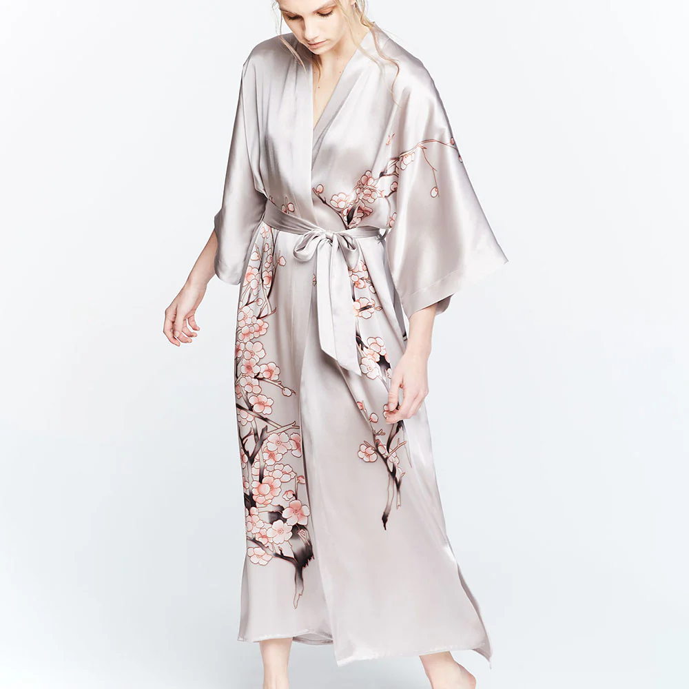 Silk Handpainted Cherry Blossom Long Kimono Robe