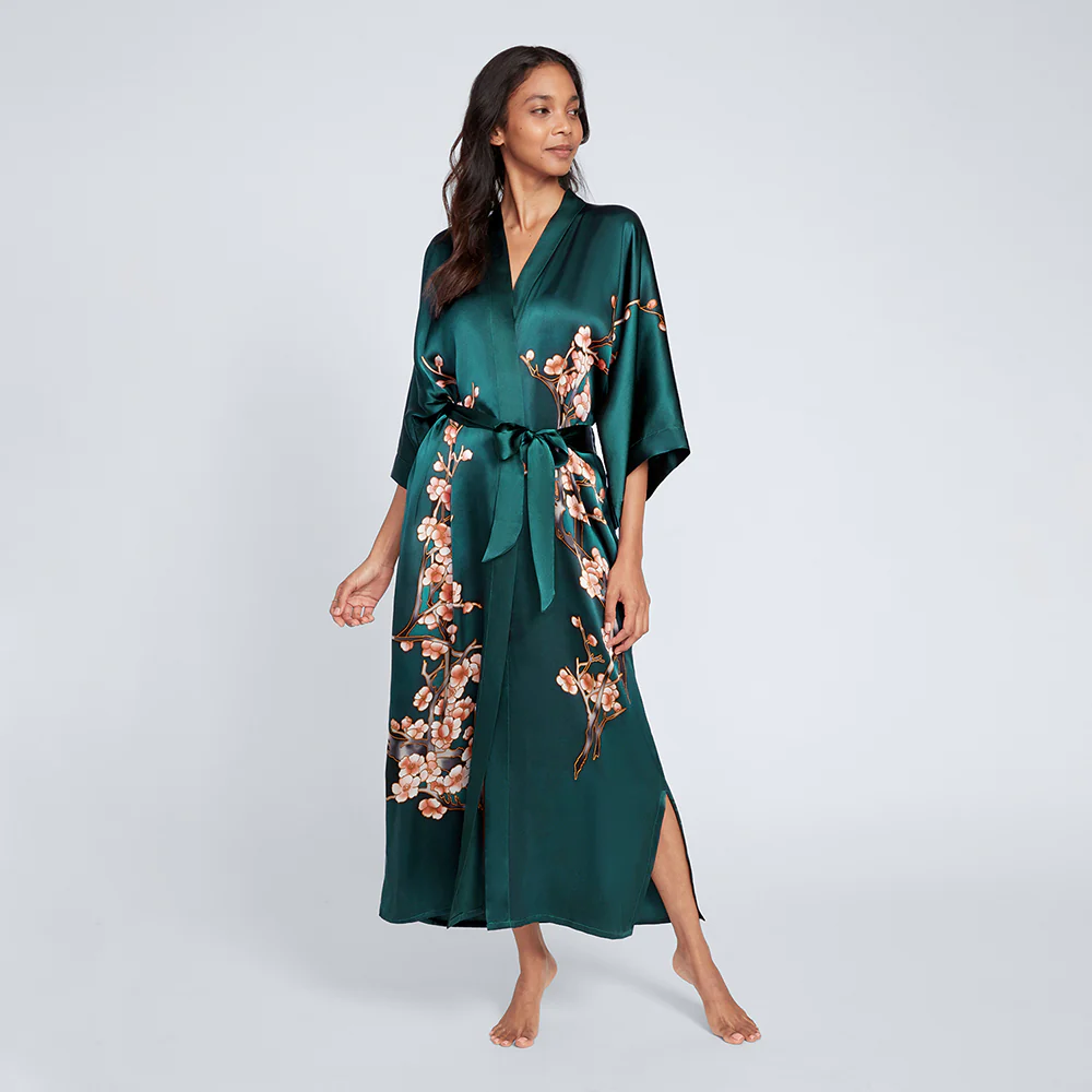 Silk Handpainted Cherry Blossom Long Kimono Robe