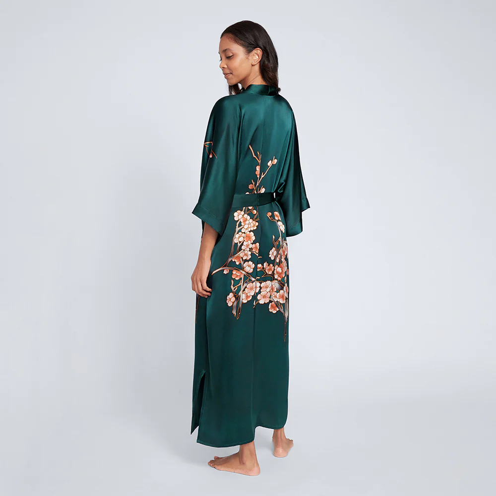 Silk Handpainted Cherry Blossom Long Kimono Robe