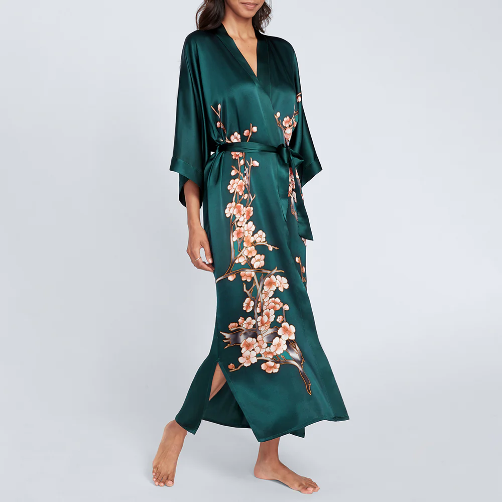 Silk Handpainted Cherry Blossom Long Kimono Robe