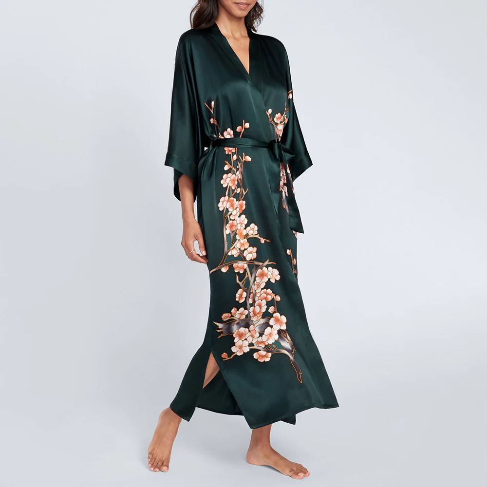 Silk Handpainted Cherry Blossom Long Kimono Robe