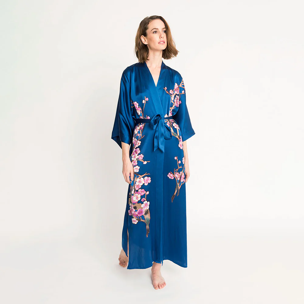 Silk Handpainted Cherry Blossom Long Kimono Robe