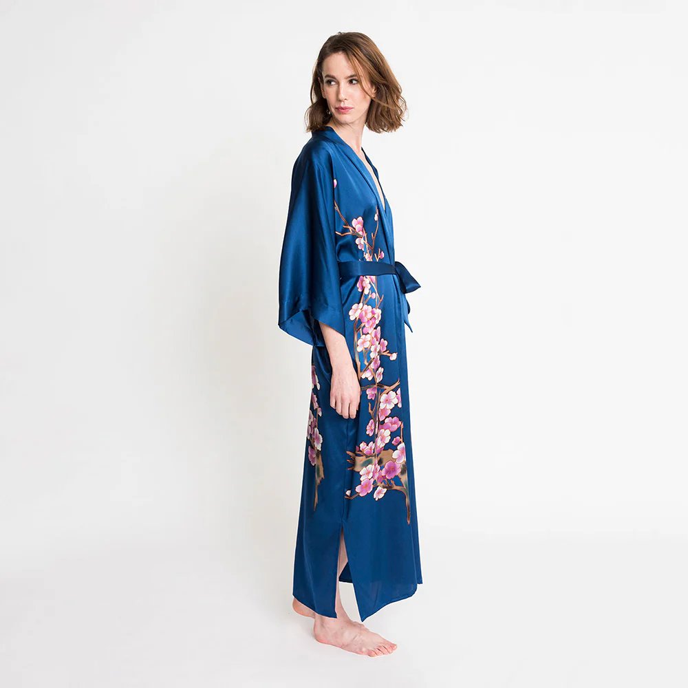 Silk Handpainted Cherry Blossom Long Kimono Robe