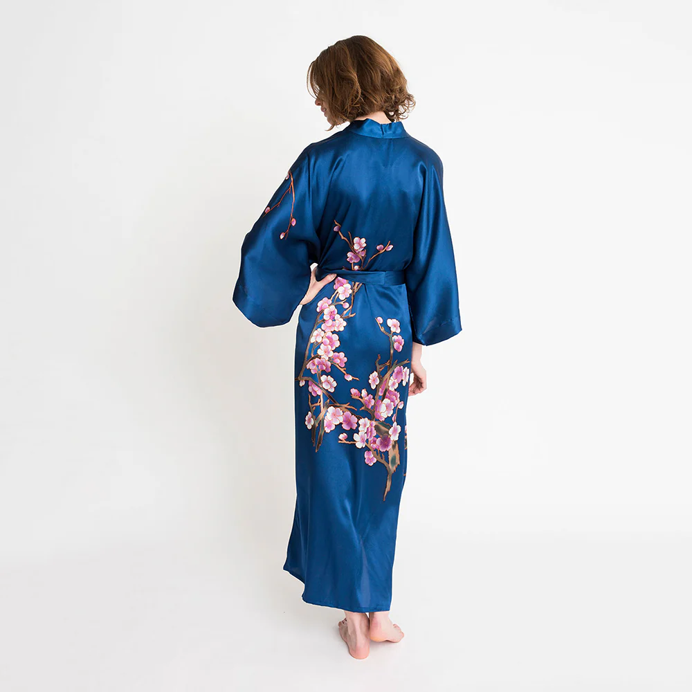 Silk Handpainted Cherry Blossom Long Kimono Robe