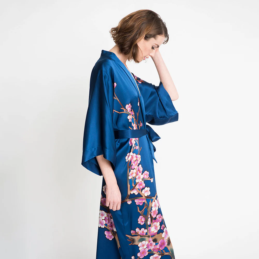 Silk Handpainted Cherry Blossom Long Kimono Robe