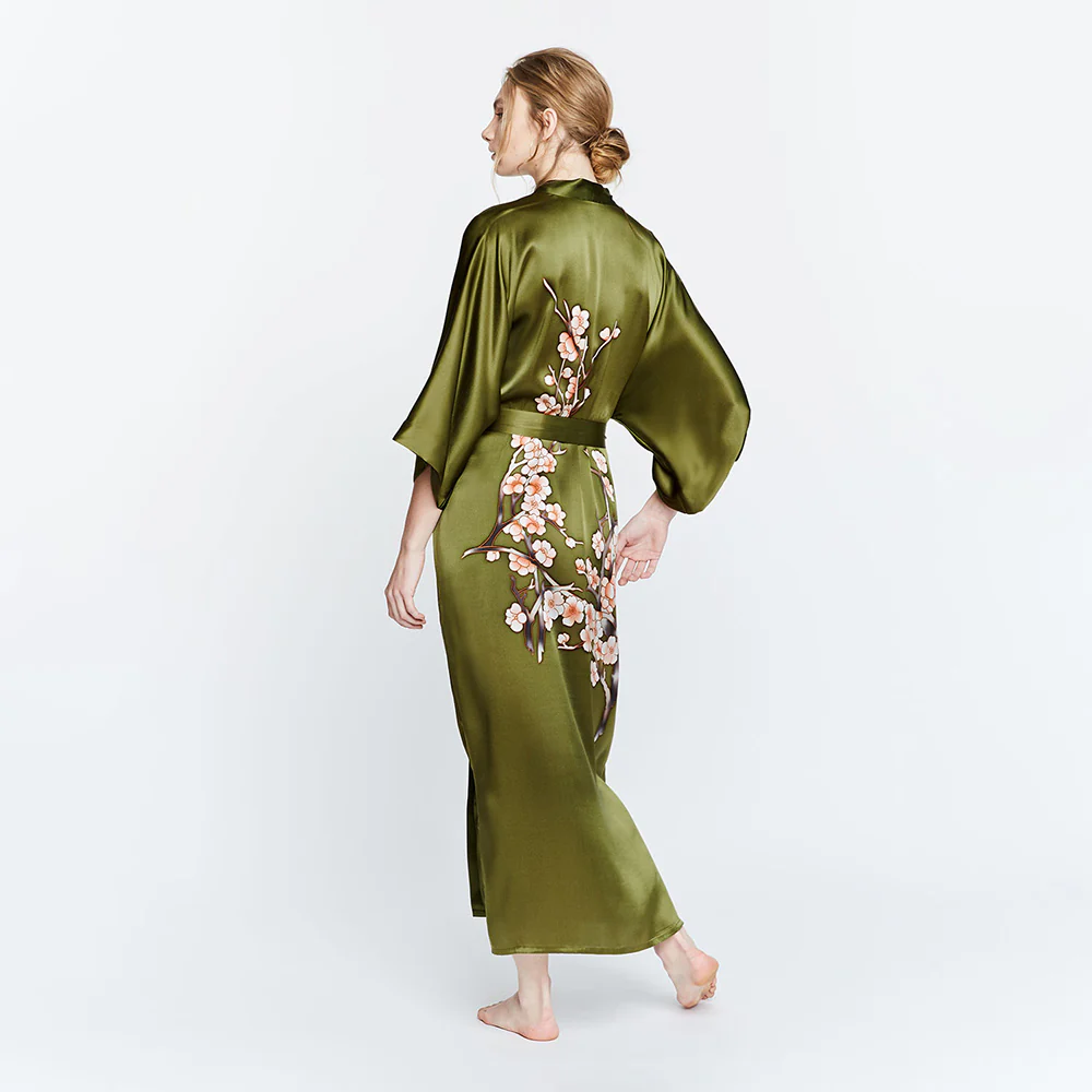 Silk Handpainted Cherry Blossom Long Kimono Robe