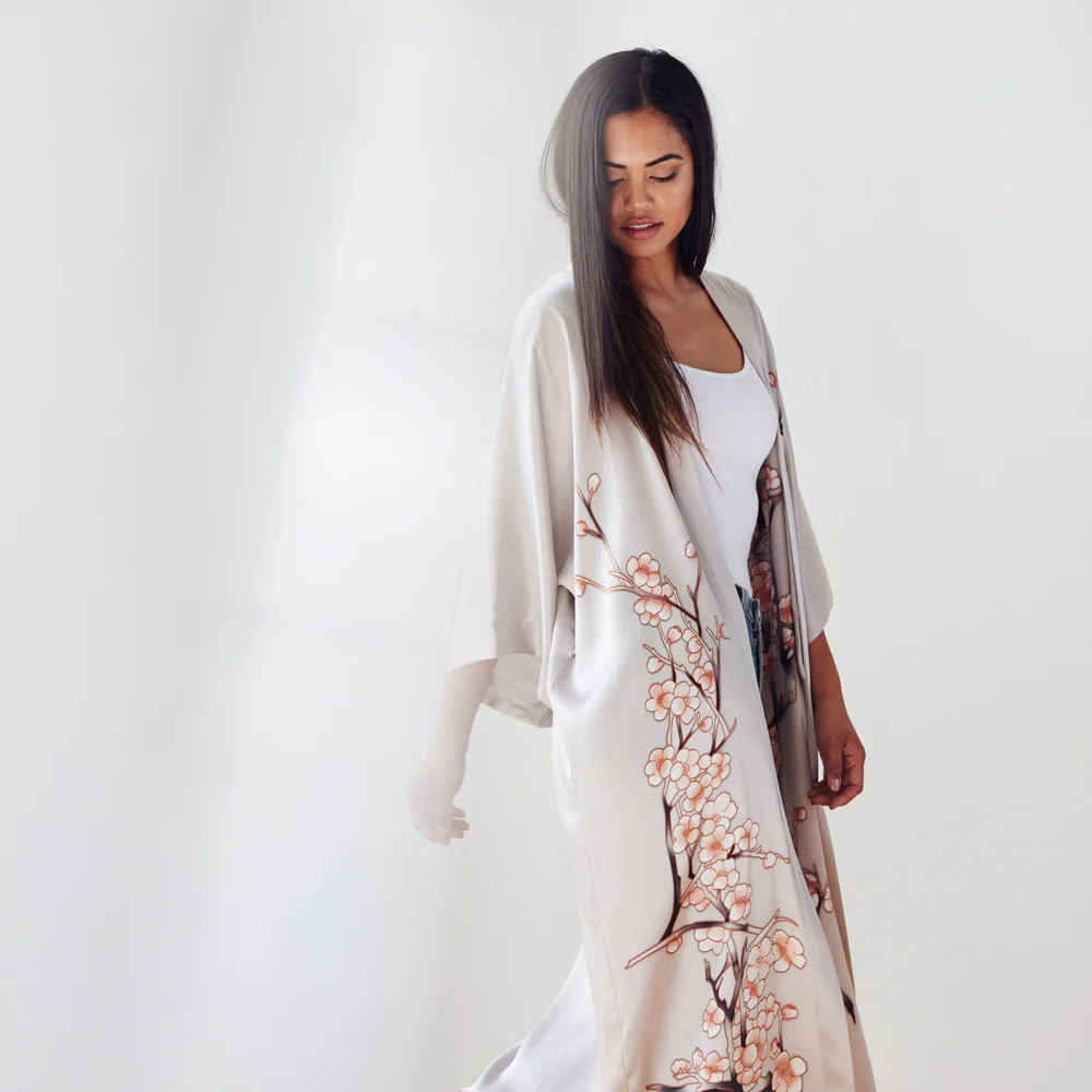 Silk Handpainted Cherry Blossom Long Kimono Robe