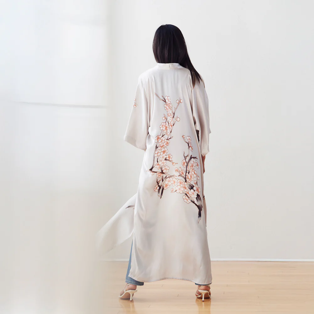 Silk Handpainted Cherry Blossom Long Kimono Robe